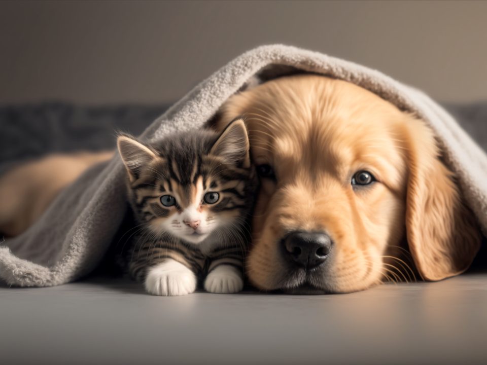 Friendship of puppy and kitten - golden retriever puppy and kitten cuddling under a blanket cuddle
